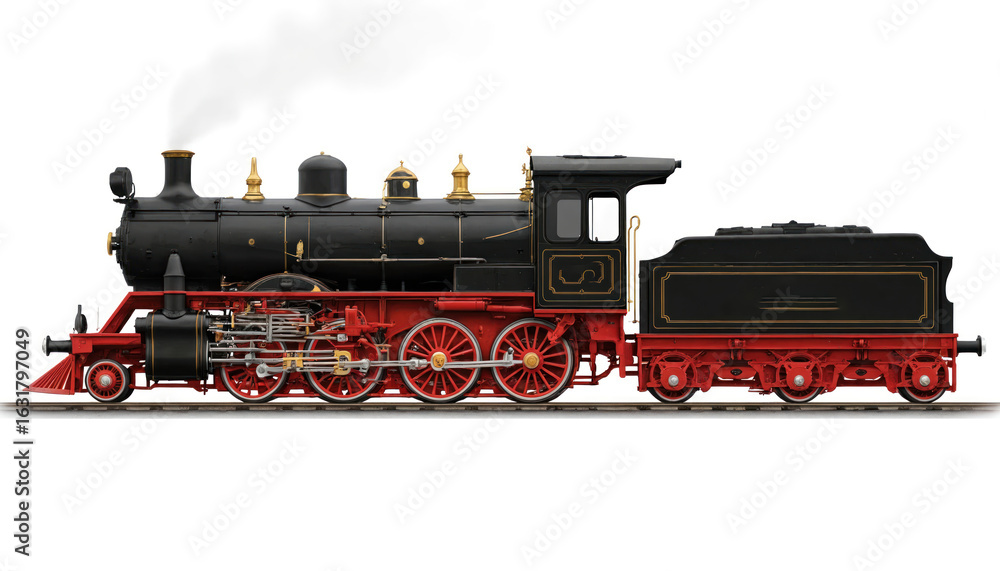 Fototapeta premium Vintage steam locomotive illustration in black, red, gold. Detailed side view classic railway engine, historical transport, old-world industrial power. Ideal for history, travel, industrial design