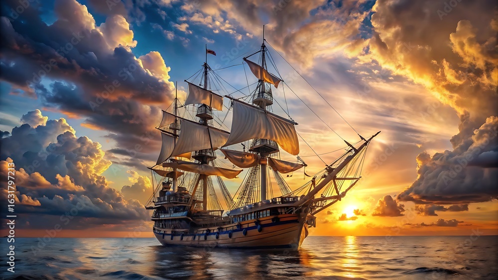Fototapeta premium Dramatic Sunset Sailboat: Antique Galleon at Golden Hour, Epic Ocean Scene, Majestic Cloudscape.