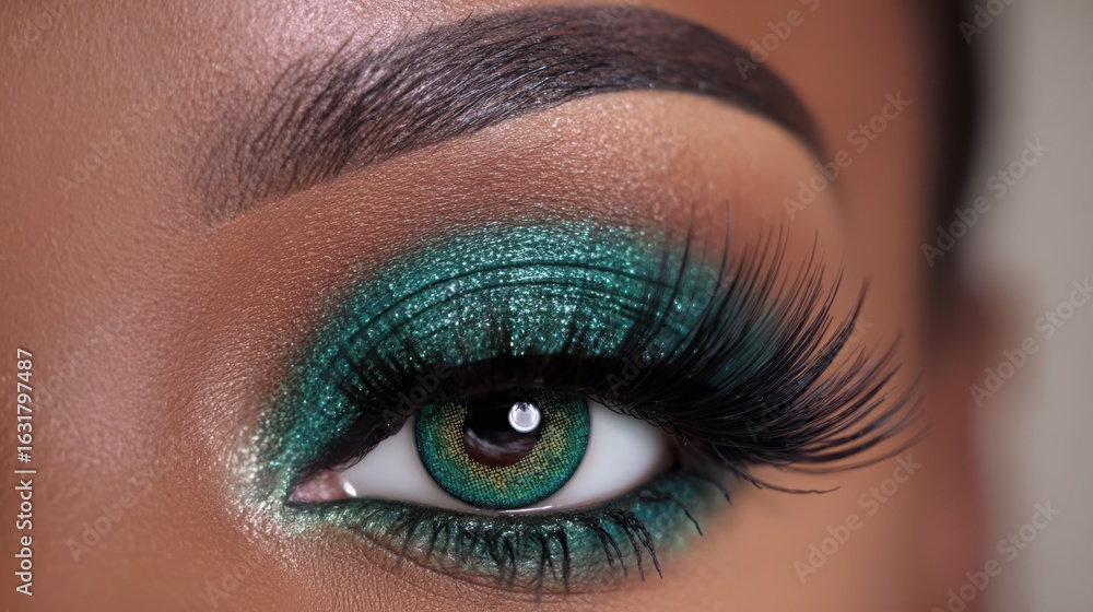 Fototapeta premium A striking close-up captures a beautifully made-up eye with teal eyeshadow, lush false eyelashes, and mesmerizing green contacts. The focus on the eye highlights the artistry of makeup