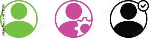 Three user icons in green pink and black with check mark and gear on a white background design