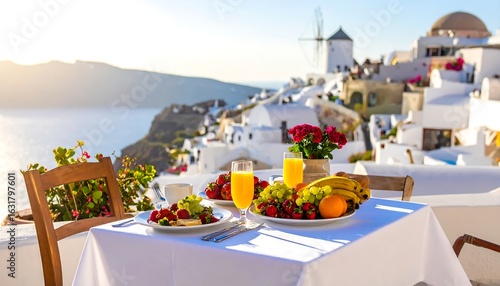 Wallpaper Mural Delicious breakfast with fresh fruits and juice overlooking the beautiful Santorini Torontodigital.ca