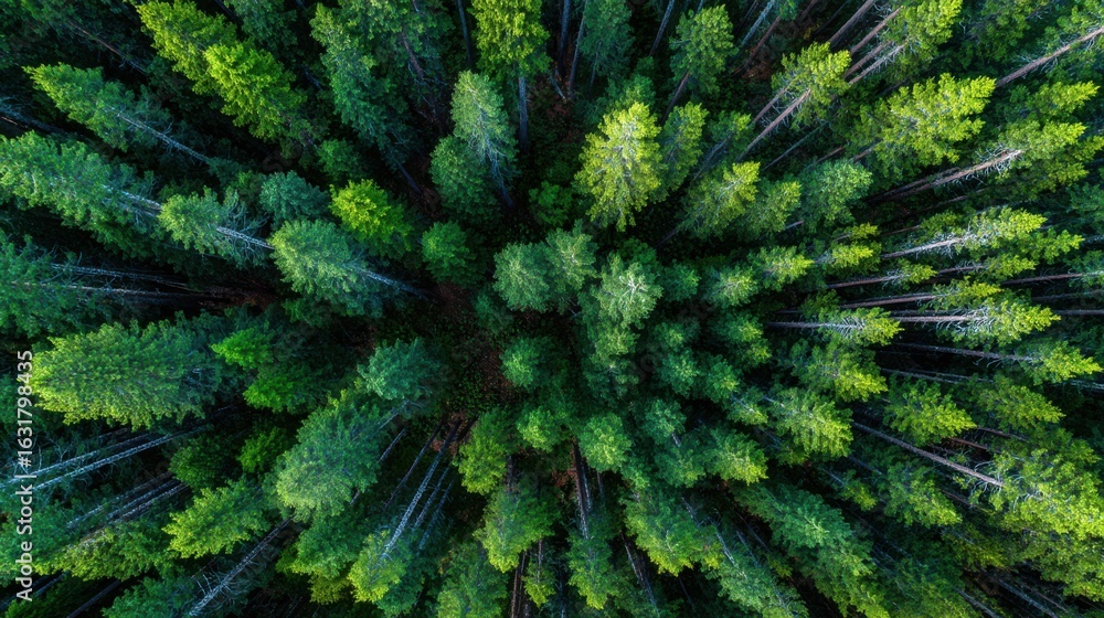 Fototapeta premium An aerial view reveals a lush, vibrant forest filled with towering trees and a rich variety of green foliage. The dense canopy creates a peaceful natural environment