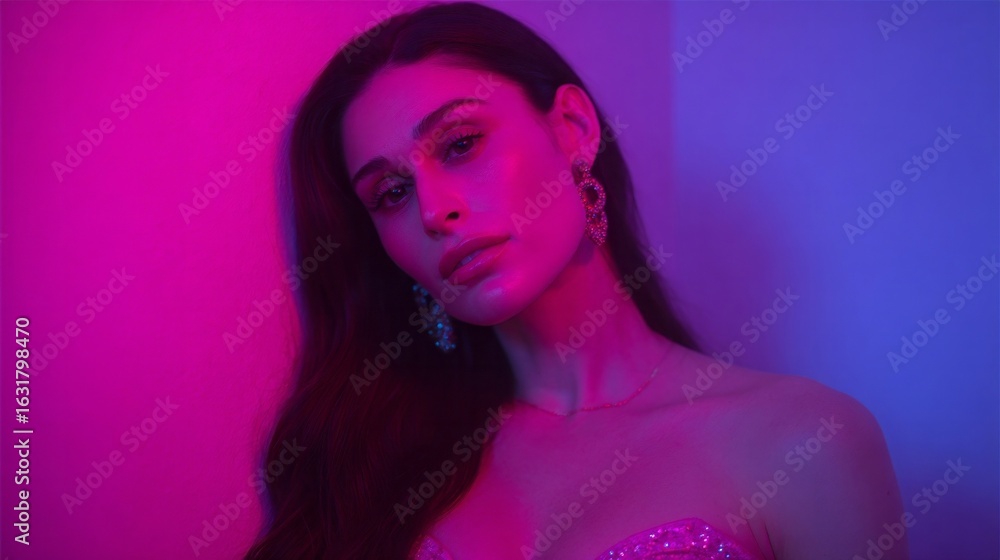Fototapeta premium Under neon twilight, a contemplative Latina woman in a shimmering gown evokes Dia de los Muertos' vibrant reflection, cosmic allure