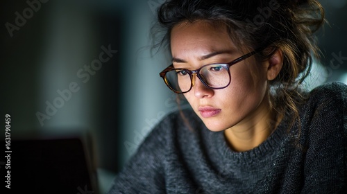 A focused young woman with glasses working on her laptop in casual attire at night and staying up all night in the office, her professional focus accentuated by low contrast and clear, clean focus.
