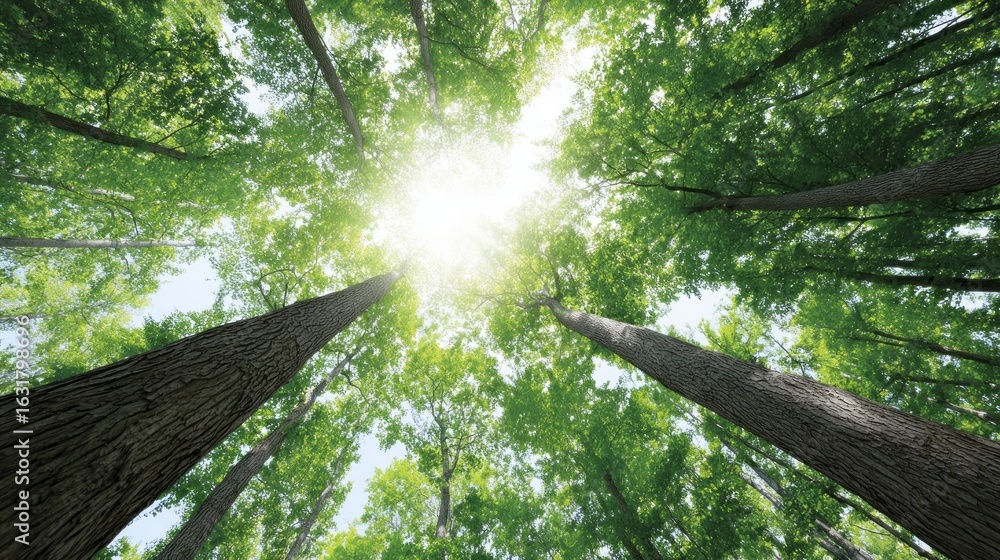 Fototapeta premium Canopy whispers ascend as sunlight cascades through towering greens, evoking Earth Day serenity and forest bathing introspection