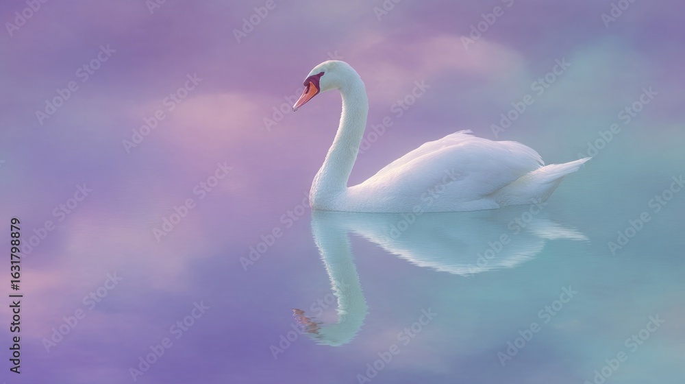 Fototapeta premium Graceful swan glides on ethereal lavender waters, evoking serenity and rebirth, reminiscent of Ostara celebrations and tranquility