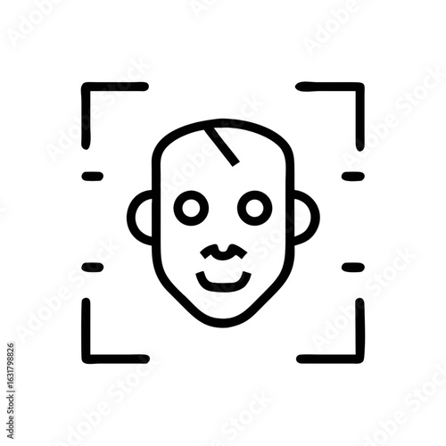 Facial recognition icon with human face and scanning brackets in minimal line style – biometric identification technology, AI security system, face scan authentication
