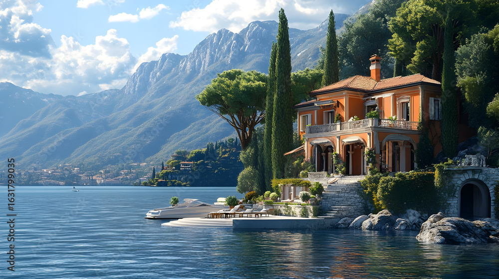 Fototapeta premium Lakeside Villa 3D Illustration: Mountain View Luxury Home