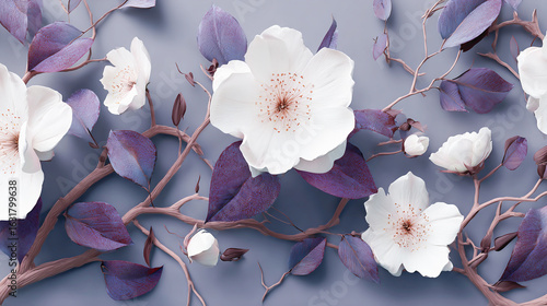3D wallpaper with elegant white flowers on a grey background, dark purple leaves and branches, a floral wall mural for interior decoration