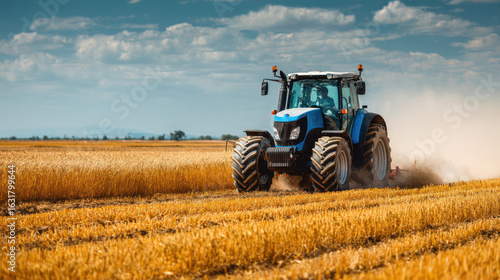 A blue tractor is actively cultivating a golden wheat field. Dust rises behind the machinery as it works under a bright sky, showcasing a beautiful rural landscape