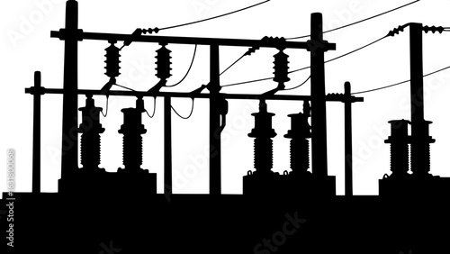 "Vector-style silhouette of a high-voltage electrical substation, featuring power lines, transformers, and support structures arranged in a straight horizontal line, no background elements, pure engin