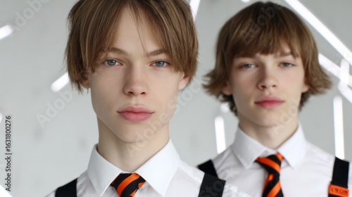 Two young Caucasian males in crisp uniforms, exuding timeless camaraderie amidst ethereal Neon Universe Day celebrations, kindred connections