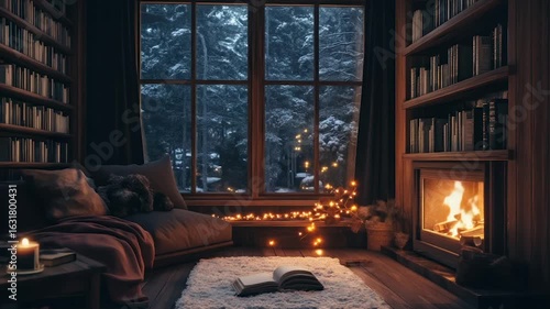 Cozy winter library scene with fireplace, books, and snowfall view