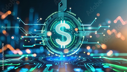 Digital dollar sign with circuit board design, symbolizing finance and technology.