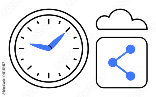 Analog clock, cloud, and data sharing mechanism. Ideal for time management, productivity, teamwork, technology, connectivity, innovation digital transformation simple landing page