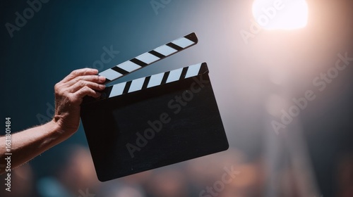 Film clapperboard slices through shadows, whispering cinematic secrets, capturing the essence of World Cinema Day and Global Movie Marathon