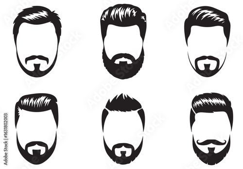 Collection of six different black and white beard and hairstyle illustrations on a white background