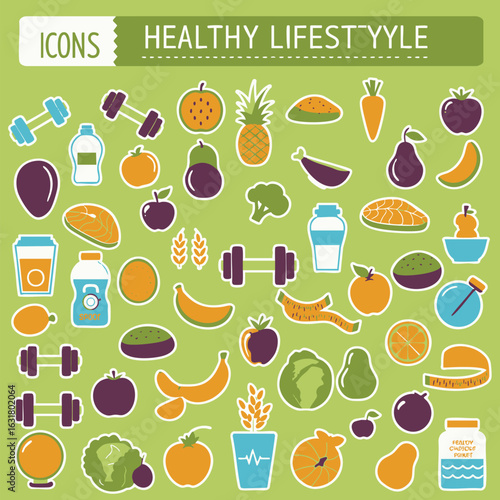Healthy lifestyle icon set with food, fruit, and fitness equipment. Vector illustration stickers for diet and wellness.