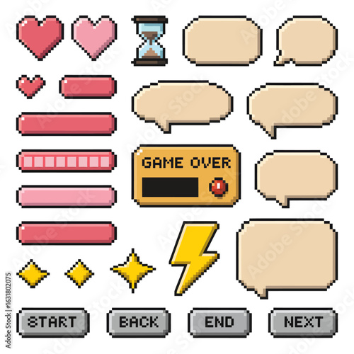 Retro pixel art game user interface elements collection