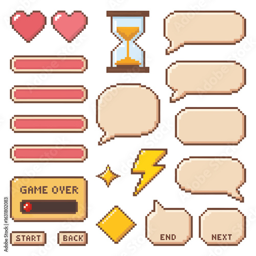 Collection of pixel art game user interface elements