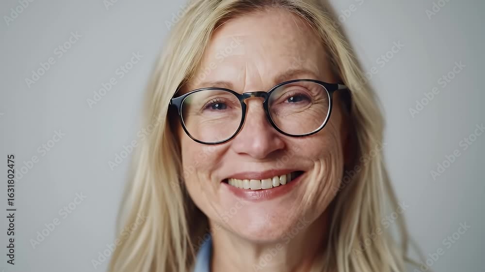 Smiling Blonde Woman with Glasses and Joyful Expression Against Light Background Smiling Blonde Woman with Glasses and Joyful Expression Against Light Background