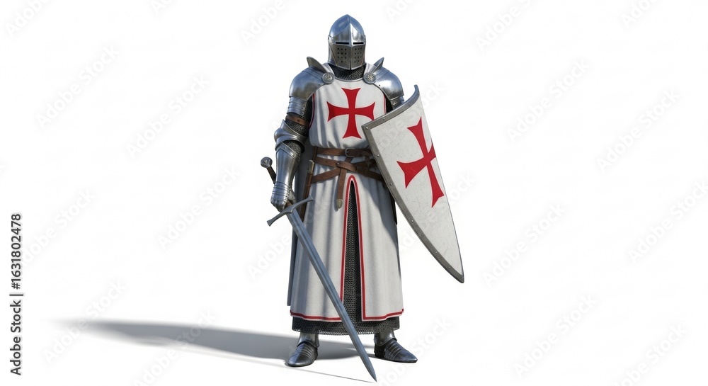Naklejka premium A full body view of a knight in armor with a sword and shield on a white background in a studio shot