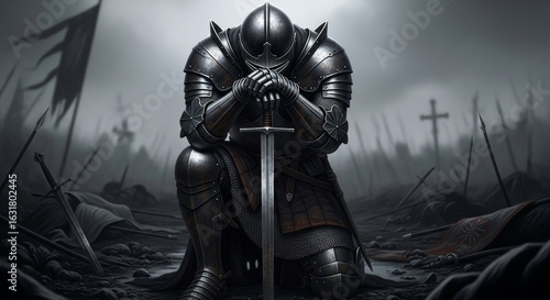 A knight in full armor kneeling with a sword in a battlefield with crosses and spears in the background