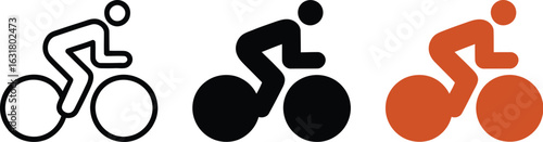 Three cyclist icons in different styles and colors representing cycling activity and sport concept design