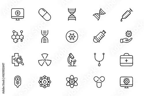 A graceful set representing how biotechnology intersects with healthcare, in clean and clinical one-line drawings