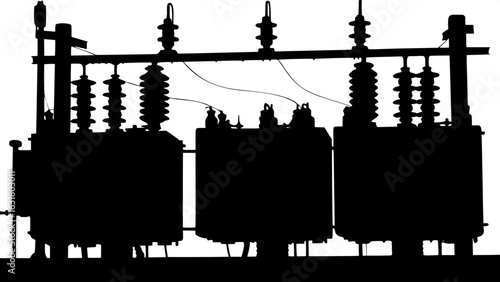 "Black and white schematic silhouette of an industrial electrical substation, viewed from a slightly elevated angle, with large transformers and power equipment aligned horizontally, wires stretching 