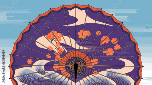 Traditional parasol with floral and wave patterns – Perfect for cultural illustration, Japanese design, or decorative motifs.