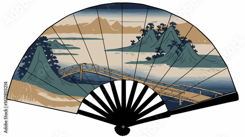 Traditional Japanese folding fan with mountain landscape – Ideal for cultural branding, art history content, or heritage-inspired design.