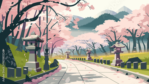 Japanese forest path with stone lanterns and cherry blossoms – Perfect for seasonal greeting cards, wellness branding, or cultural content