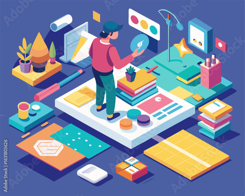 A person creating a diy vision board image. Isometric style. Vector illustration.