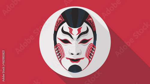 Clean kabuki mask with red and white details – Ideal for visual identity projects, poster design, or arts and culture themes.