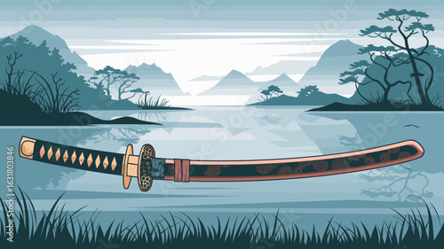 Decorative samurai sword with ornate sheath and landscape – Suitable for weapon illustration, historical Japanese content, or martial art themes.