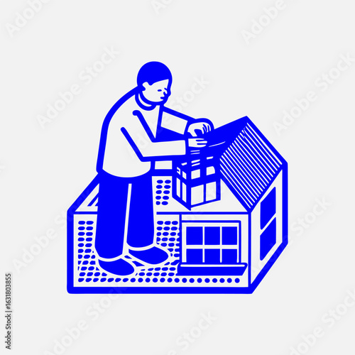 A flat-style vector illustration of a person building a miniature model of house.