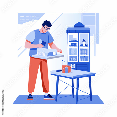 A person building a miniature model of house. Flat style. Vector illustration.