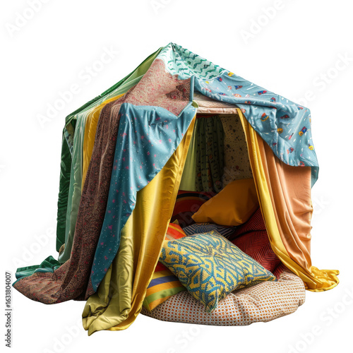 Playful Patchwork Tent with Pillows on Transparent Background Indoor Studio Shot