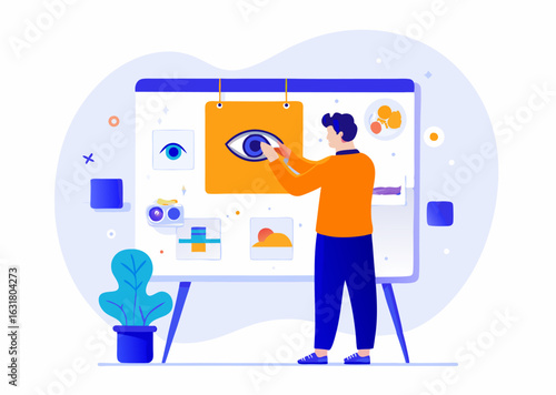 A person creating a diy vision board image. Cartoon style. Vector illustration.