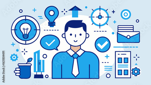 Illustration of a businessman surrounded by icons representing business concepts and achievements
