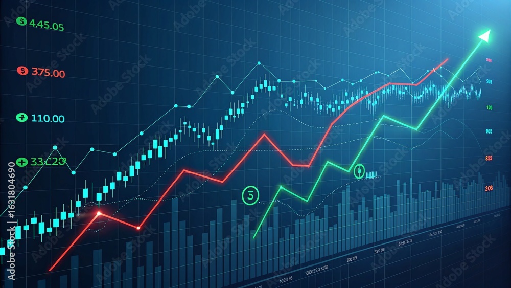 Naklejka premium Digital graph of stock market trends with red and green lines on dark blue grid. Modern design with depth, data overlays, and glowing elements for financial analysis visuals.