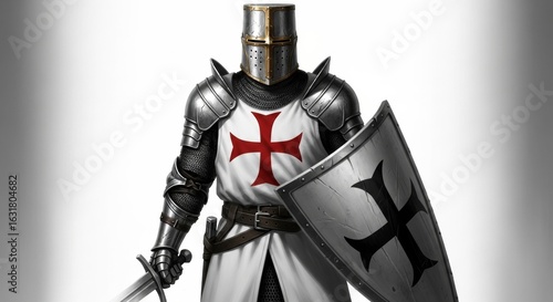 A templar knight in full armor holding a sword and shield with a white background and soft lighting