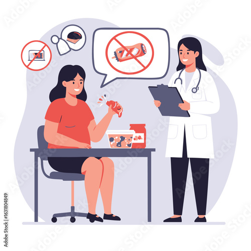 Vector illustration of a dietitian advising a woman on healthy eating, weight management, and avoiding junk food and sugar.