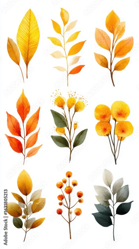 custom made wallpaper toronto digitalBeautiful autumn leaves and flowers in warm yellow, orange, and red tones arranged artistically on a white background