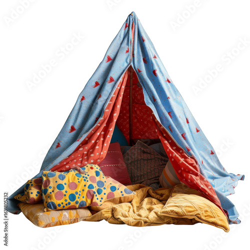 Cozy Fabric Tent with Pillows and Blankets in a Triangle Shape on Transparent