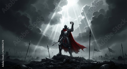 A knight in armor stands on a battlefield holding a crown under a dramatic cloudy sky and light rays