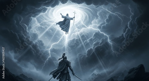 A knight facing a figure holding a cross in a stormy sky with lightning and bright light above