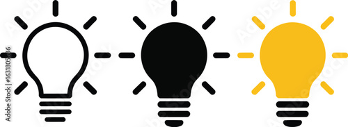 Three light bulb icons in a row, one white outline, one black, and one yellow, all with rays around them