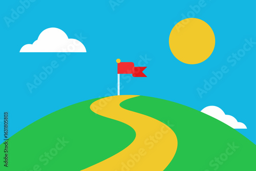 Path to success with a red flag on a hilltop